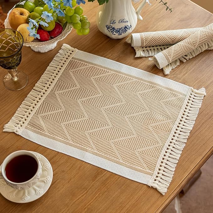 Placemats Set of 4,Waterproof Placemat with Tassel Fringe,Boho Placemats for Coffee Table Western Restaurant