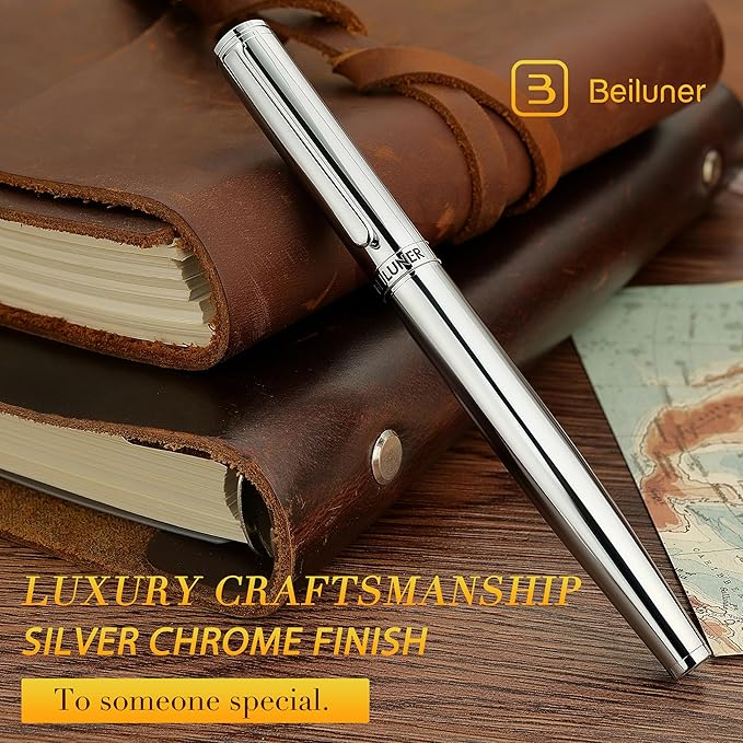 BEILUNER Silver Fountain Pen,Stunning Luxury Pens with Bright Silver Chrome, Gorgeous 24K Gilded Nib(Medium), Fancy Pen Gift for Men&Women -Ink Converter-Elegant, Office,Nice Pen for Writing