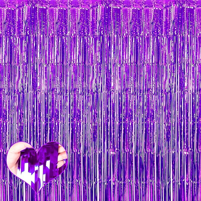 4 Pack Purple Fringe Curtain Backdrop, 3.2Ft x 6.6Ft Metallic Tinsel Foil Fringe Streamers Curtains Background for Photo Booth Birthday Wedding Baby Shower Party Thanksgiving Christmas Decorations