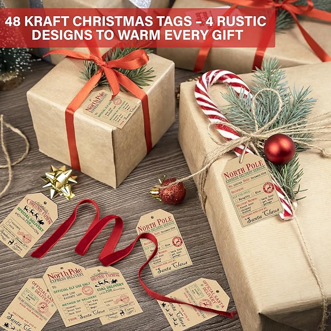 from Santa Christmas Gift Tags, 48 Kraft Labels with String (2x3”), 4 Vintage Santa Tags, Rustic Holiday Name Labels for Presents