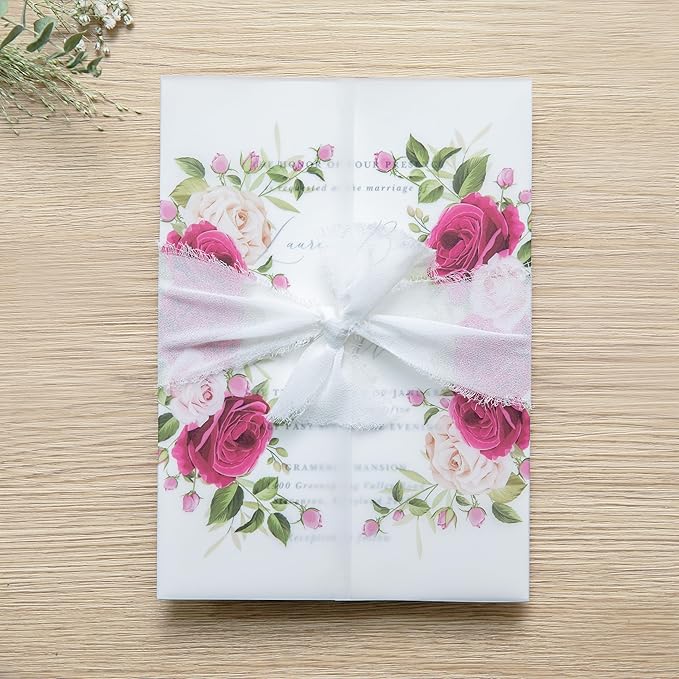PONATIA 50PCS Vellum Jackets for 5x7 Invitation Cards- 135GSM Fuchsia Flowers Vellum Sleeves Paper 5x7 Jackets - Wedding Invitations Wraps - Transparent Card Jacket
