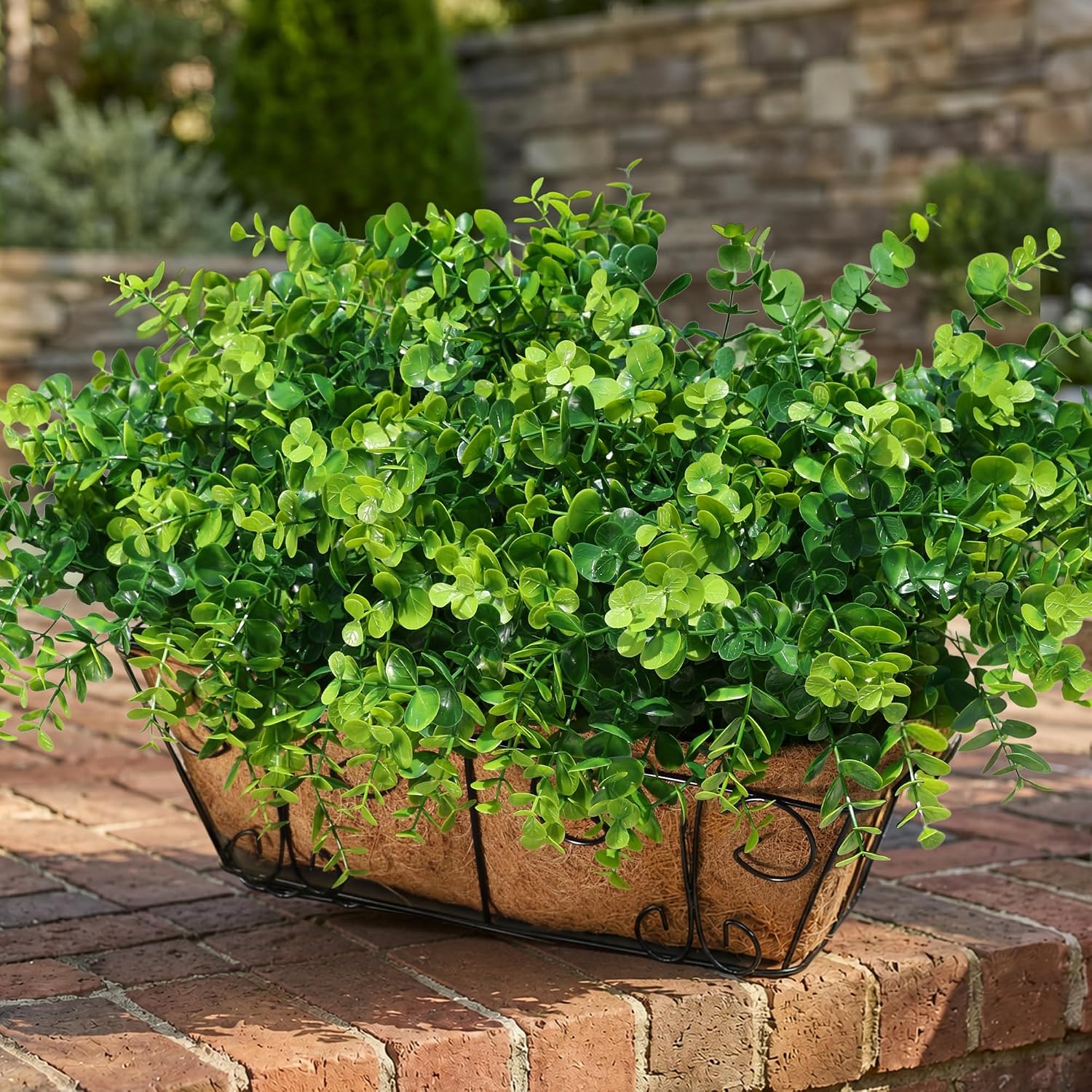 Artificial Faux Outdoor Plants for Spring Summer Decoration, 12 Bundles Fake Plastic Eucalyptus UV Resistant Look Real Fake Plants for Planter Outside Front Door Porch Patio Balcony Garden Indoor Yard