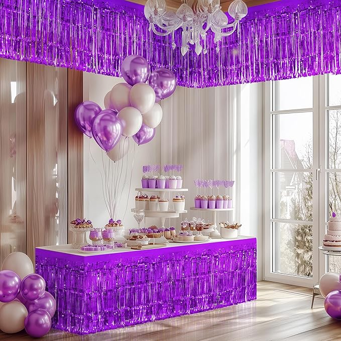 2 Pack Dark Purple Table Skirts, 29x108" Metallic Foil Tinsel Fringe Table Skirts for Rectangle Tables Streamer Curtains Backdrop, Party Decorations for Birthdays Weddings Holidays