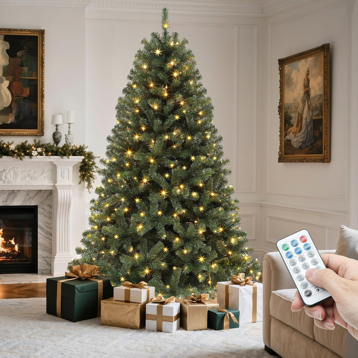 yitahome 7.5ft pre-lit green artificial hinged christmas tree, main product view