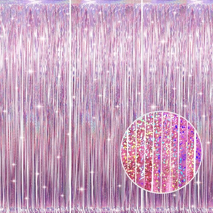 GOER 3.2 ft x 8.2 ft Metallic Tinsel Foil Fringe Curtains Party Photo Backdrop Party Streamers for Birthday,Graduation,New Year Eve Decorations Wedding Decor(3 Packs,Laser Pink)