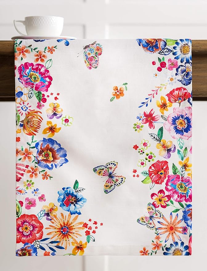 Maison d' Hermine Table Runner 100% Cotton Single Layer Table Runners 108 inches Long Decorative for Home Dining Party Wedding Bridal Shower Spring Summer (Happy Florals - High Summer, 14.50" x 108")