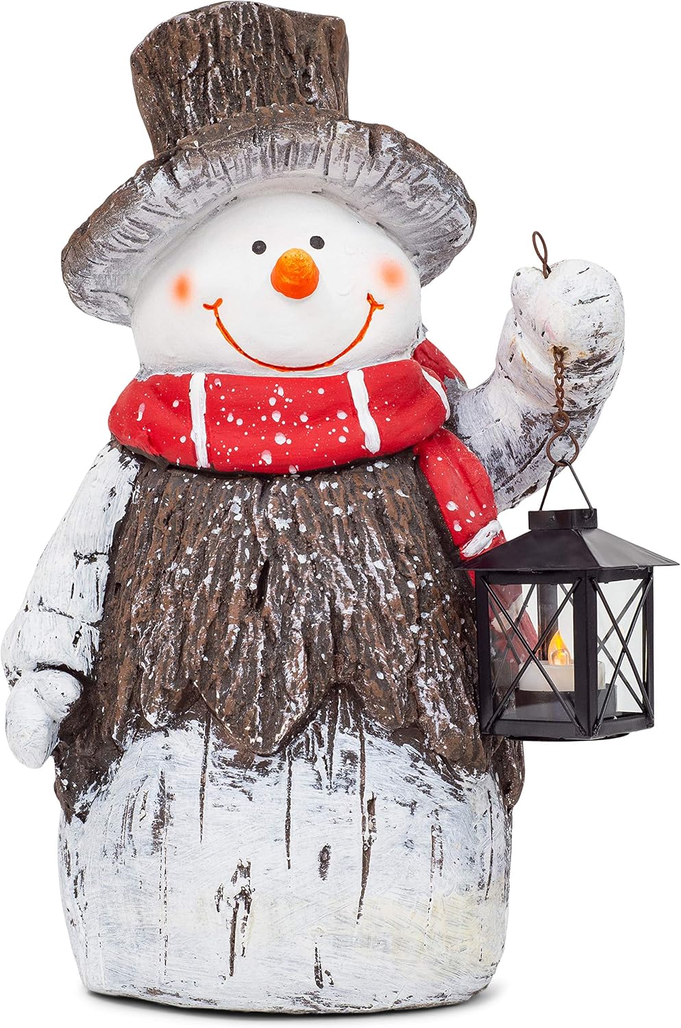 Mark Feldstein & Associates Woodsy Snowman with Lantern LED Light Up 17 Inch Resin Stone Christmas Door Greeter Figurine