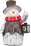Mark Feldstein & Associates Woodsy Snowman with Lantern LED Light Up 17 Inch Resin Stone Christmas Door Greeter Figurine