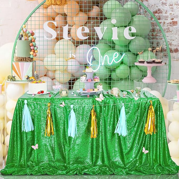 QueenDream Sequin Tablecloth - Green Party Tablecloth 90x156 Inch Green Glitter Table Cloth Sequin Fabric for Birthday Birdal Baby Shower Wedding