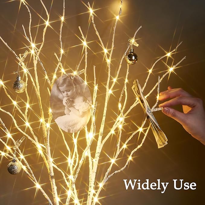 BAOLITVINE Birch Branch Lights with Timer Battery Operated 100 LED Fairy Lights, Lighted Willow Branches 32IN for Home Bedroom Fireplace Christmas Decoration Inside Outdoor