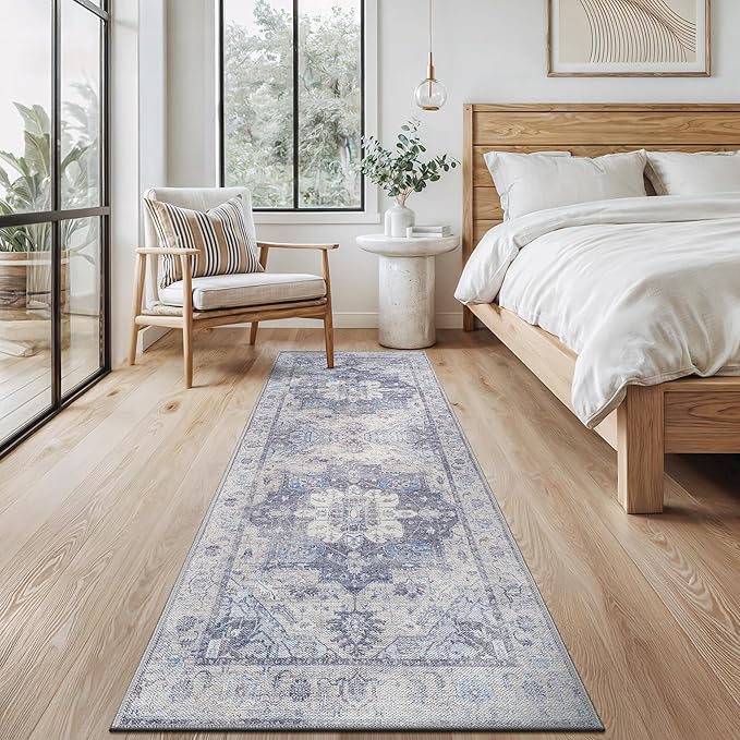 Bloom Rugs Washable Non-Slip 10 ft Runner - Blue/Sand Traditional Medallion Runner for Entryway, Hallway, Bathroom, and Kitchen - Exact Size: 2.5' x 10'