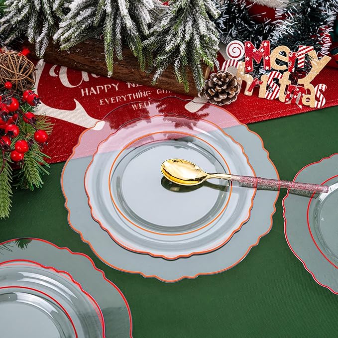 Liacere 150PCS Clear and Red Plastic Plates-Clear Red Disposable Plates with Glitter Bamboo Handle Cutlery-60 Baroque Elegant Plates,30 Forks,30 Spoons,30 Knives for Wedding&Mother's Day