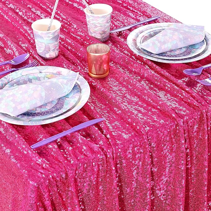 QueenDream Sparkly Sequin Tablecloth - Fuchsia Table Cloth 50x80 Inches Rectangle Table Overlay Fabric for Birthday Parties Baby Shower Decoration