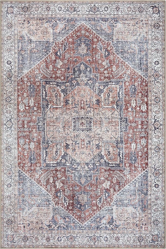 Bloom Rugs Washable Non-Slip 5' x 7' Rug - Red/Blue Traditional Medallion Area Rug for Living Room, Bedroom, Dining Room, and Kitchen - Exact Size: 5' x 7'