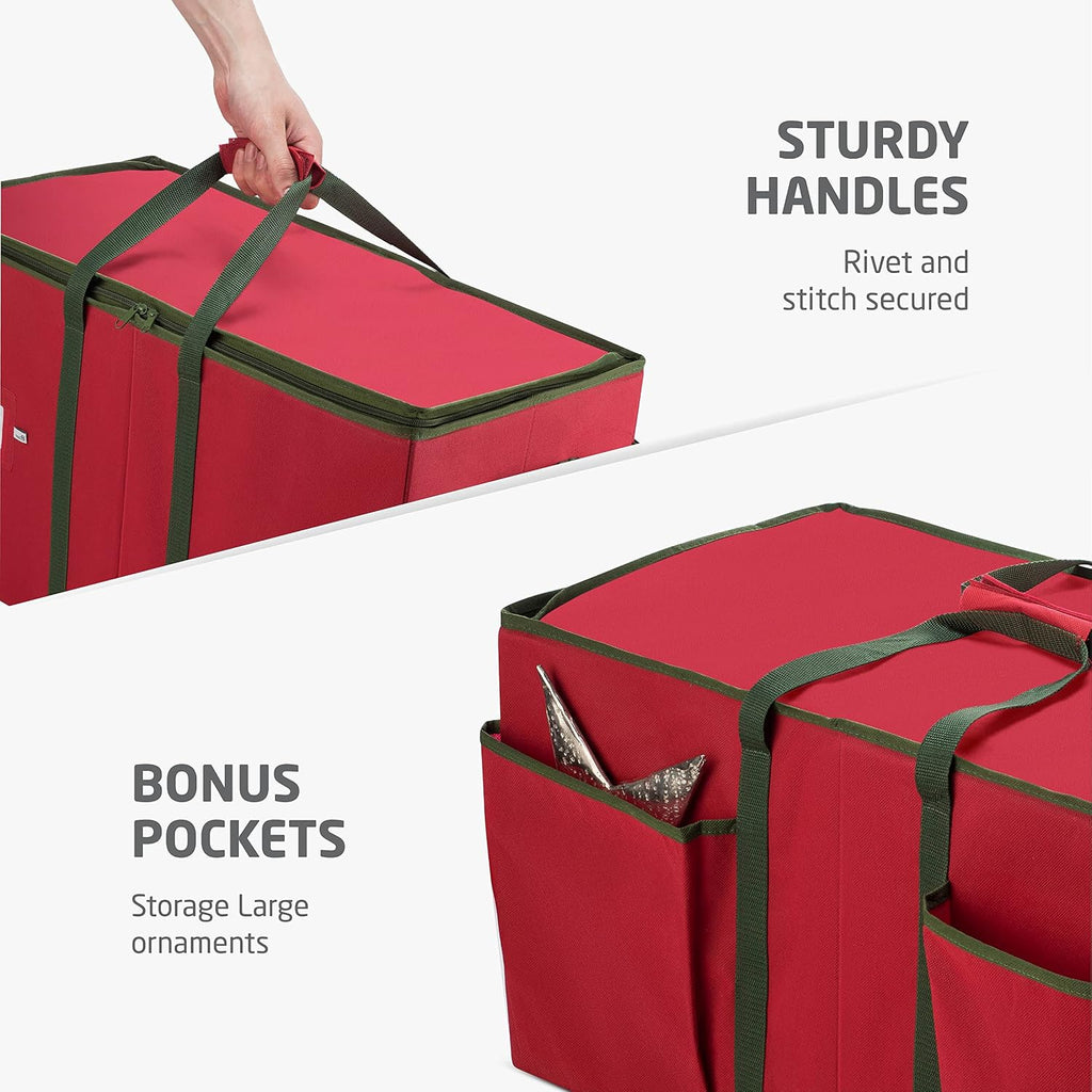 ZOBER Large Christmas Ornament Storage Box - Stores 128 3" Ornaments, With Dividers - Ornament Organizer Storage Box, Durable Christmas Containers Holder - Extra Pockets, Dual Zipper - Red