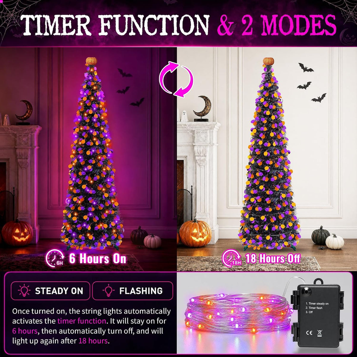 5FT Halloween Tree Decorations Indoor, Pop-up Orange Purple Halloween Tinsel ...
