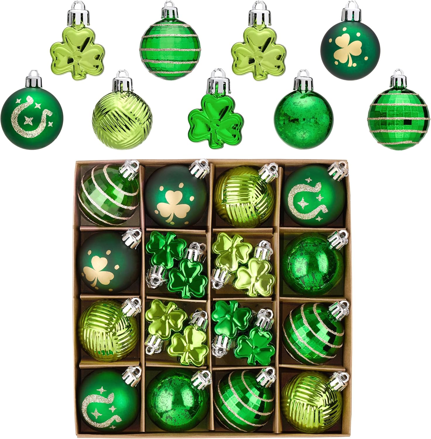 Valery Madelyn St Patricks Day Decorations Shamrock Tree Ornament Set, 36ct 2inch Hanging Ball Ornament Irish Festival Decor, Good Luck Clover Green Gold Christmas Ball for Party Home Spring