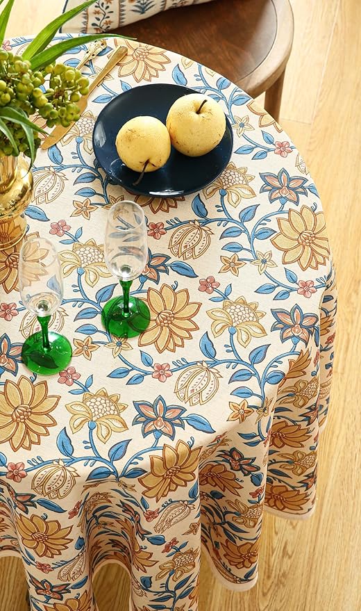 ISAENNE Designer Bohemian Floral Round Tablecloth,Linen Colorful Table Cloth,Wrinkle Resistant Decor Tablecloths for Dining Thanksgiving Kitchen Party Christmas,Diameter 67"-Estevan B