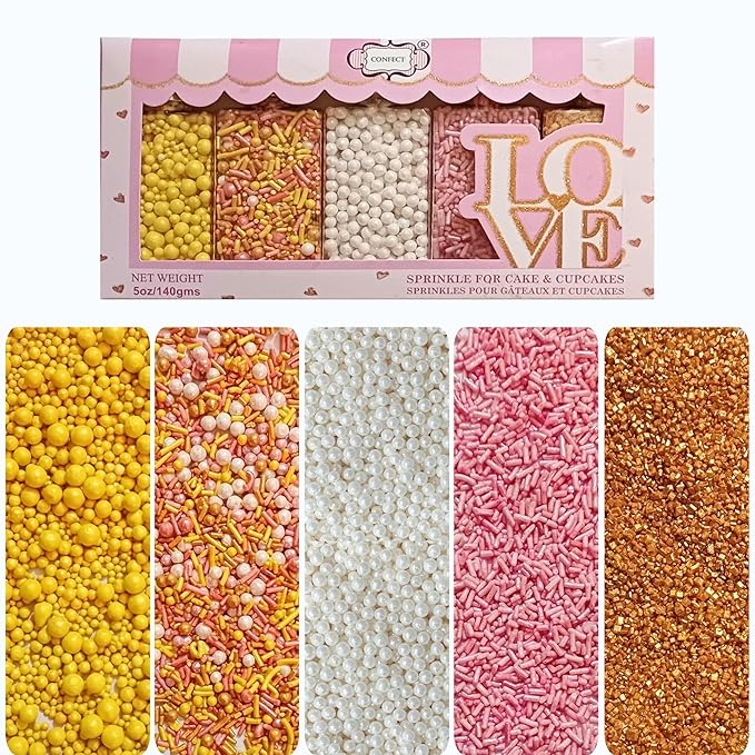 Confect Sprinkles – 5 Pack Assorted Cake Decorating Mix (Yellow & Pearl Dragees, Hot Pink Jimmies, Sparkling Gold Sugar) – Celebration Spring & Summer Sprinkles - Festive Toppings for Cakes, Cupcakes, Cookies, Birthday Parties – Vegan, Gluten-Free, Nut...