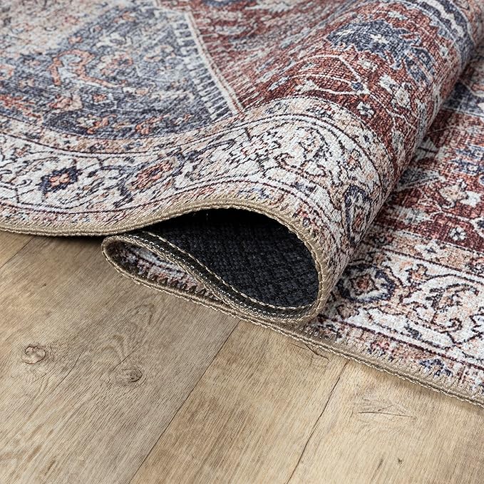Bloom Rugs Washable Non-Slip 6' x 9' Rug - Red/Blue Traditional Medallion Area Rug for Living Room, Bedroom, Dining Room, and Kitchen - Exact Size: 6' x 9'