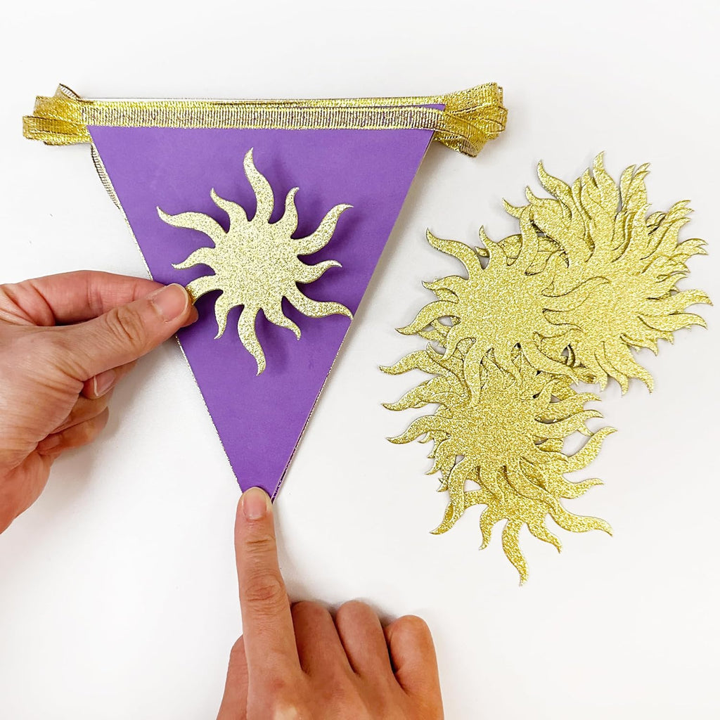 30Ft Purple Sun Party Decorations Purple Pennant Banner Flag Hanging Paper Triangle Bunting with Gold Sun for Birthday Bridal Shower Wedding Bachelorette Engagement Lavender Party Supplies