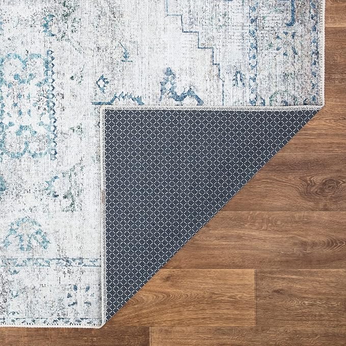Bloom Rugs Washable Non-Slip 10 ft Runner - Teal/Beige Traditional Runner for Entryway, Hallway, Bathroom, and Kitchen - Exact Size: 2.5' x 10'