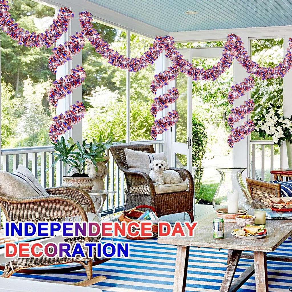 50 FT 4th of July Tinsel Garland Decorations, USA Flag Garlands Patriotic Decor for Memorial Day Independence Day 4th of July Indoor Outdoor Home Porch Red White and Blue Decor Supplies