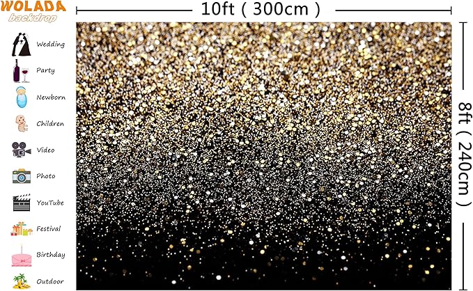 WOLADA Black and Gold Backdrop Golden Glitter Backdrop for Photography Wedding Birthday Baby Shower Party Photo Studio 10x8FT 11176