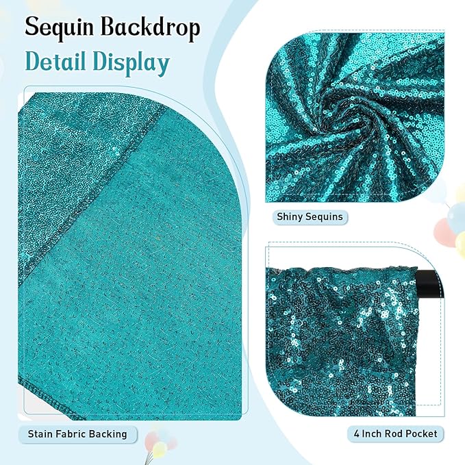 SquarePie Sequin Backdrop Curtain Not See Through Thick Glitter Background for Party 8FT x 10FT Teal