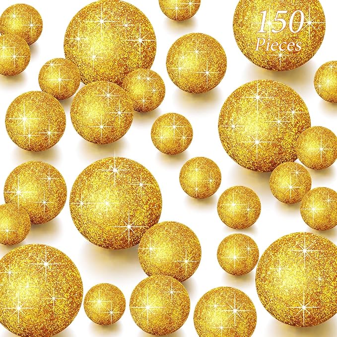 150 Pieces Vase Filler Faux Pearls Vase Makeup Beads No Hole Gloss Bead Mixed Sizes Round Pearl for Home Party Wedding Decor, 8/14/20 mm(Glitter Gold)