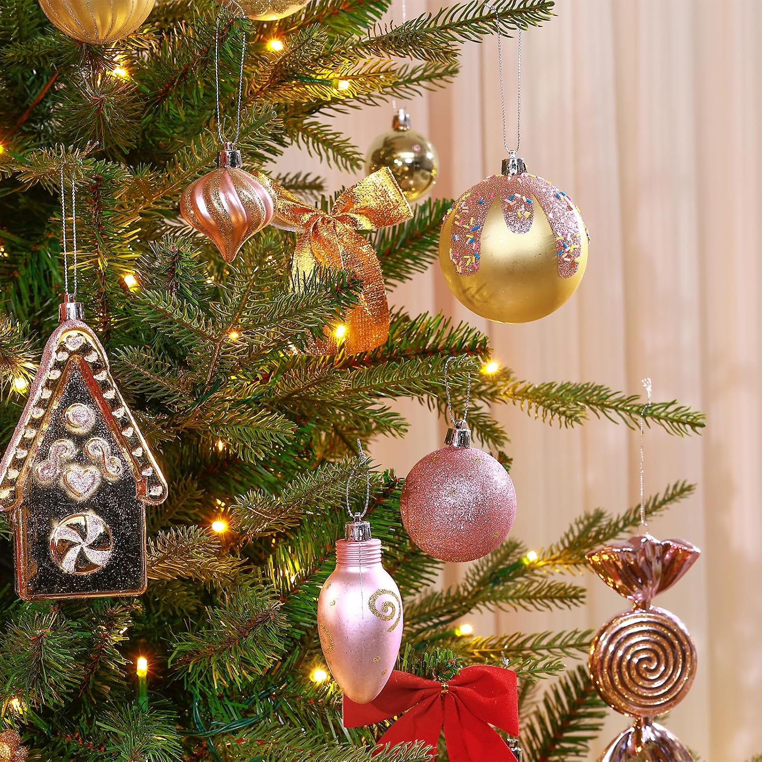 SHareconn 86pcs Christmas Tree Balls Ornaments, Shatterproof Plastic Decorative Baubles for Christmas Tree Decorations, Holiday Wedding Party Decoration, Festive Ornaments,Pink Gold