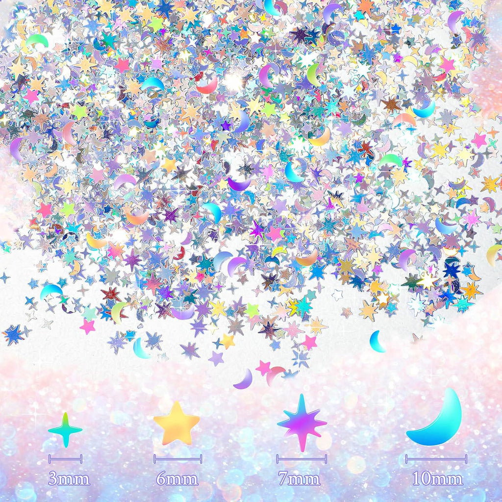 Skylety 60 G/ 2.1 oz Holographic Star Moon Glitter Fairy Confetti Sequin Galaxy Iridescent Metallic Glitter Foil Confetti Sequin Scatter for Valentines Wedding Party DIY(10 mm, 6 mm,Silver)