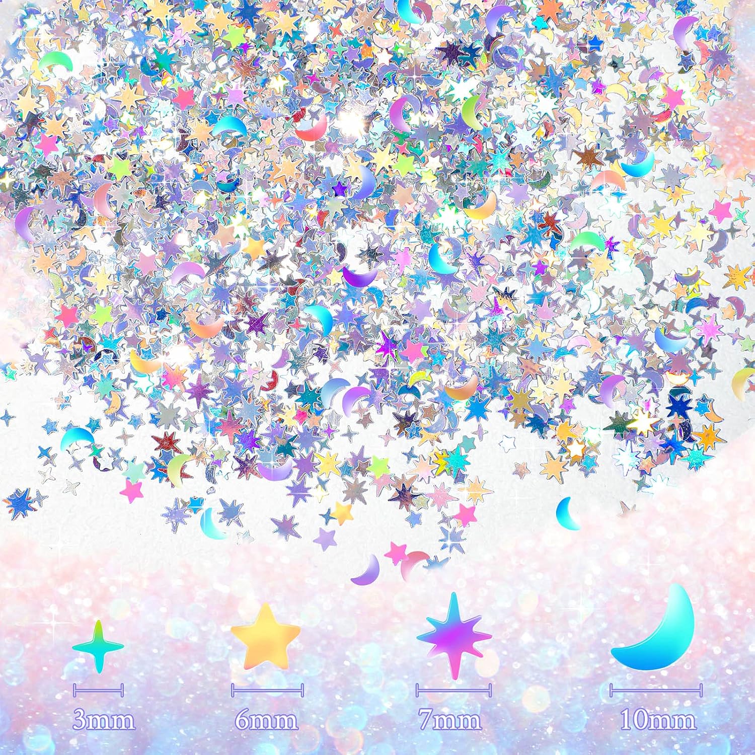 Skylety 60 G/ 2.1 oz Holographic Star Moon Glitter Fairy Confetti Sequin Galaxy Iridescent Metallic Glitter Foil Confetti Sequin Scatter for Valentines Wedding Party DIY(10 mm, 6 mm,Silver)