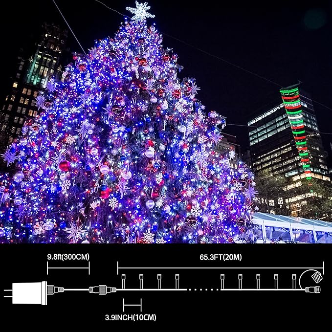 LAMPHOME 66ft Patriotic String Lights - Red White Blue Mini Lights, 200 LED Transparent Wire Fairy Starry String Lights Plug in, 11 Lighting Modes for Outdoor Tree Party Decoration (Red White Blue)
