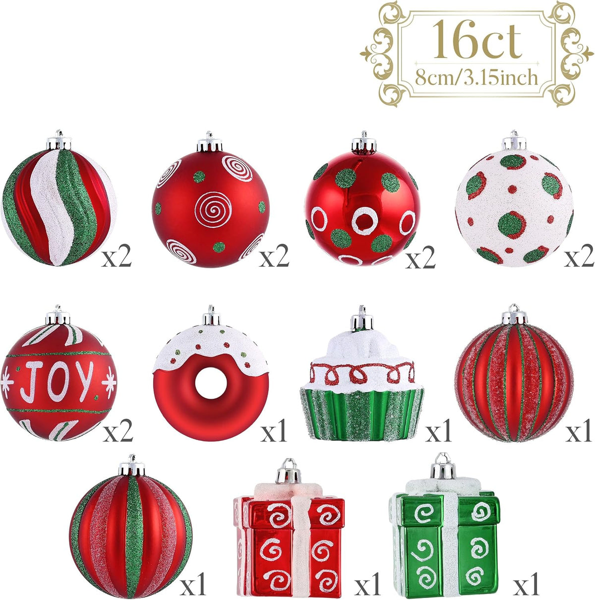 valery madelyn large christmas tree ornaments set, 16ct, close-up detail