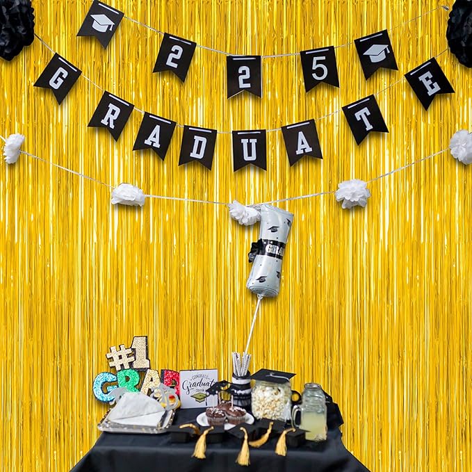 12 Pack 2025 Graduation Decorations, 3.28 FT x 7.05 FT Gold Backdrop Curtains, Metallic Class of 2025 Backdrop Fringe Curtains Foil Streamer, Gold Grad Decorations 2025 Party Supplies