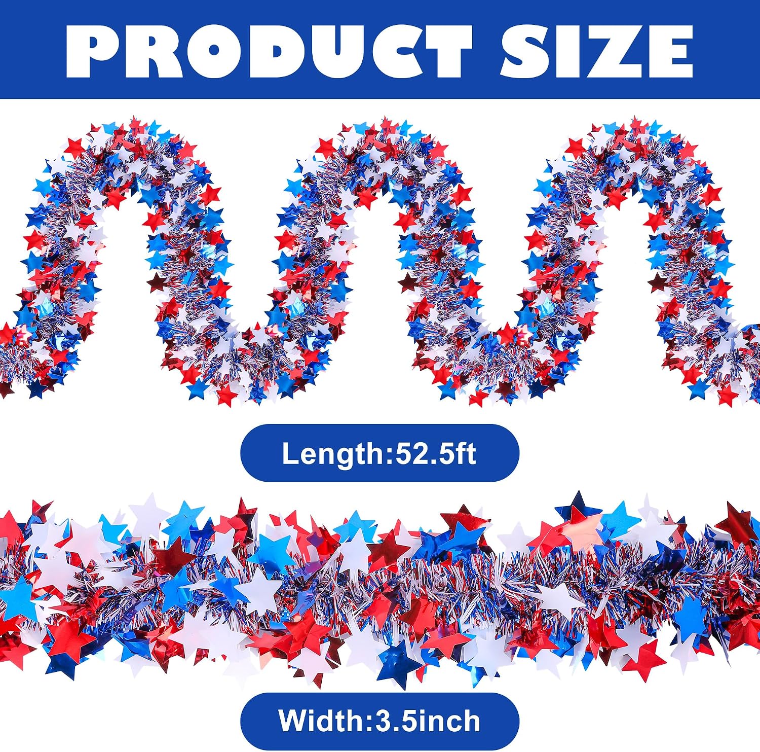 52.5Ft Patriotic Glitter Tinsel Garland Decoration, Red White Blue Star Metallic Tinsel Twist Garland, 4th of July Decor Parade Golf Cart Shiny Tinsels for Car Bike Independence Day Memorial Day Decor