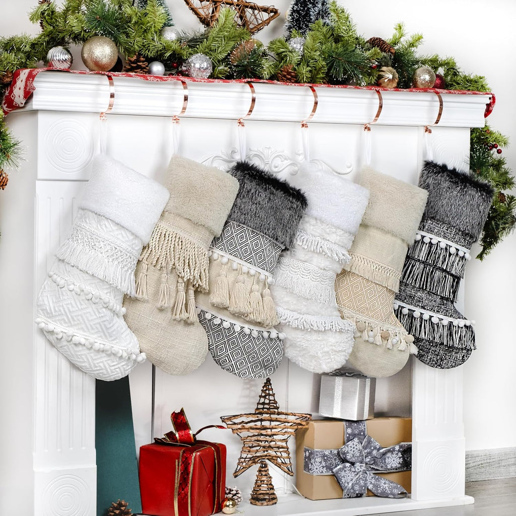 BHD BEAUTY 2025 New Farmhouse Bohemian Style Christmas Stocking Set of 6 Tassel Xmas Stocking Boho Macrame Decorations Mantel Hanging Ornament for Xmas Holiday Party