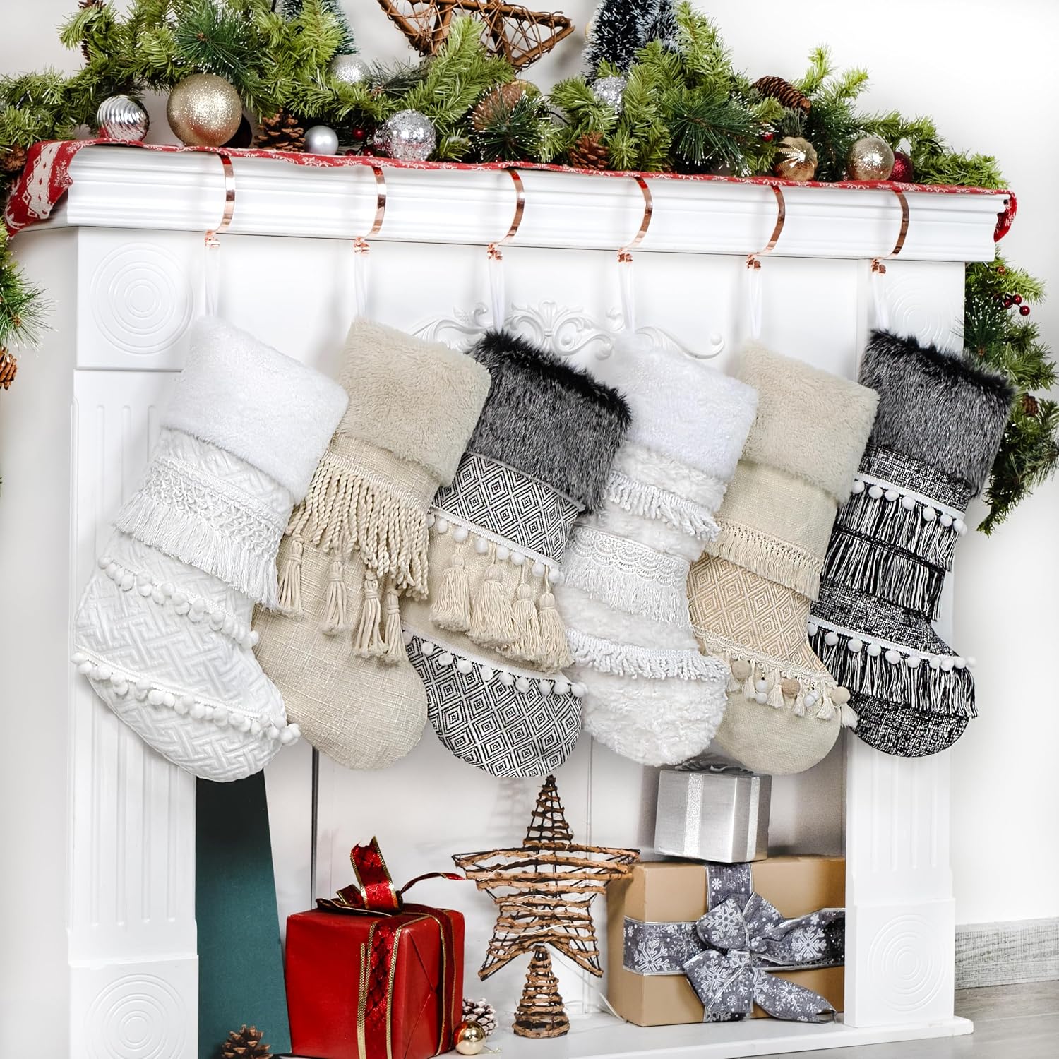 BHD BEAUTY 2025 New Farmhouse Bohemian Style Christmas Stocking Set of 6 Tassel Xmas Stocking Boho Macrame Decorations Mantel Hanging Ornament for Xmas Holiday Party