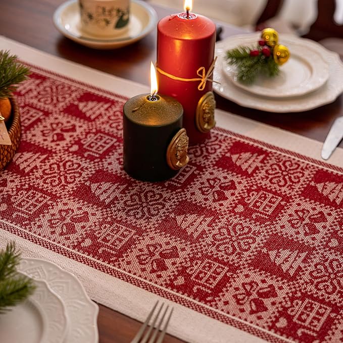 Table Runners 63 Inches,Christmas Tree Table Runner with Tassel Fringe,Gift Table Runner for Party，Coffee Table, Festival