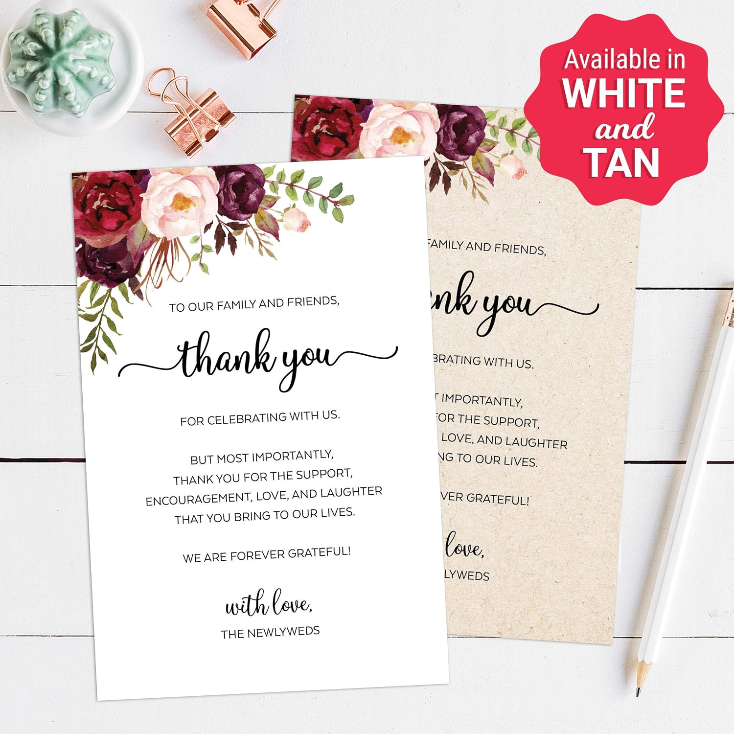 321Done Thank You Place Setting Card with Love, Thank You for Celebrating with Us, 4x6 Table Placecards for Wedding, Watercolor Florals on White, Made in USA, 50-Pack