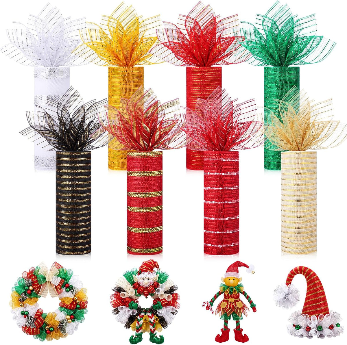 Newwiee 8 Rolls Christmas Mesh Ribbon for Wreaths 10 Inch x 30 Feet