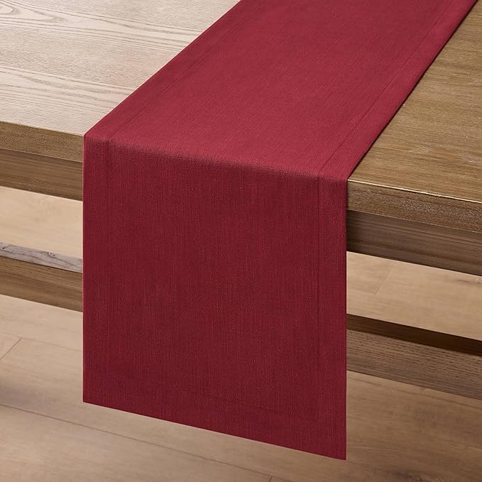 ZeeMart Linen Textured Border Table Runner, 14 x 90 Inch Red, Farmhouse Style Red Table Runners 90 Inches Long, Easy Care Everyday Polyester Table Runner