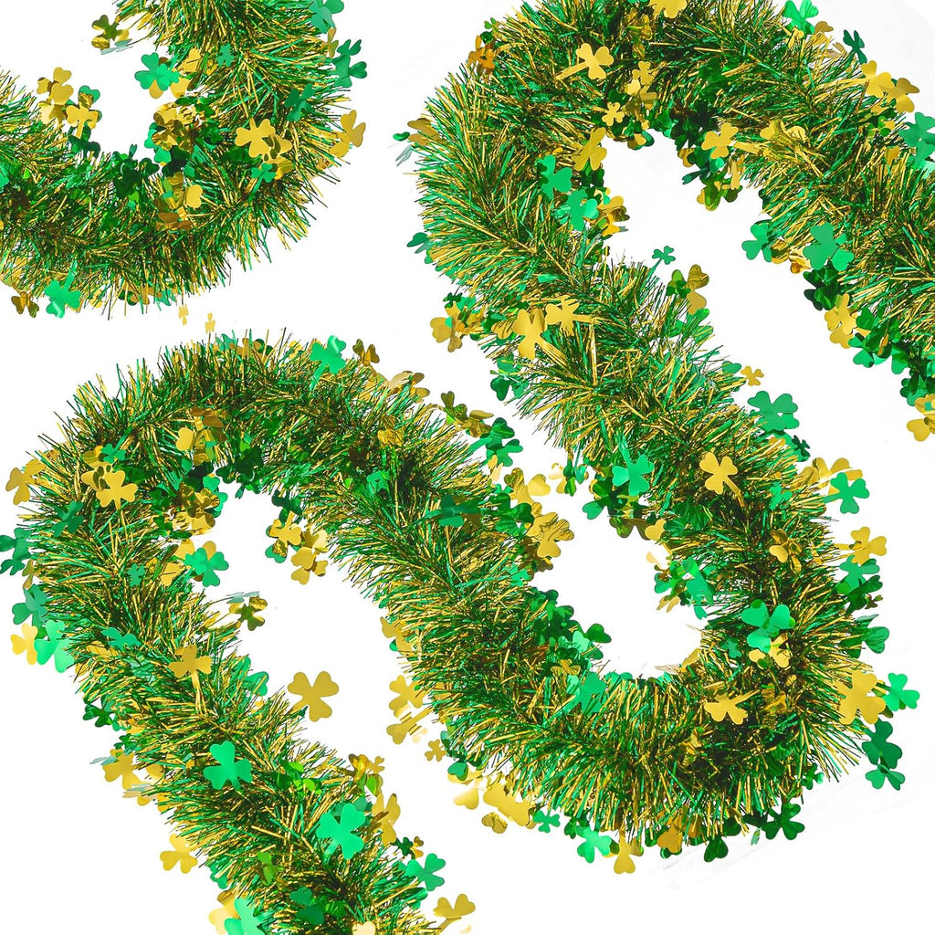 33FT St.Patrick's Day Tinsel Garland Shamrock Clover Green Golden Metallic Twist Tinsel Garland Hanging Foil Garland for St. Patrick's Day Irish Festival Party Indoor Outdoor Decoration