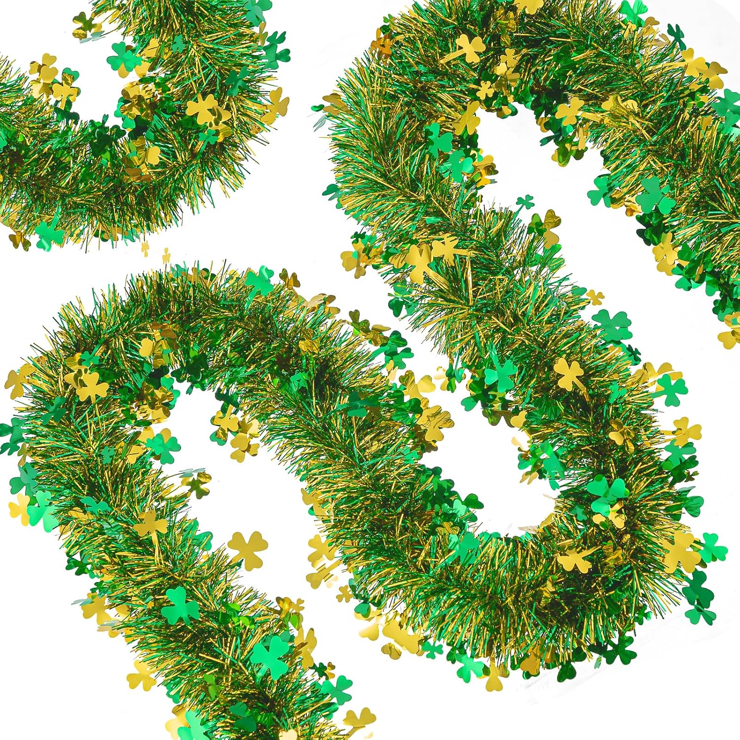 33FT St.Patrick's Day Tinsel Garland Shamrock Clover Green Golden Metallic Twist Tinsel Garland Hanging Foil Garland for St. Patrick's Day Irish Festival Party Indoor Outdoor Decoration