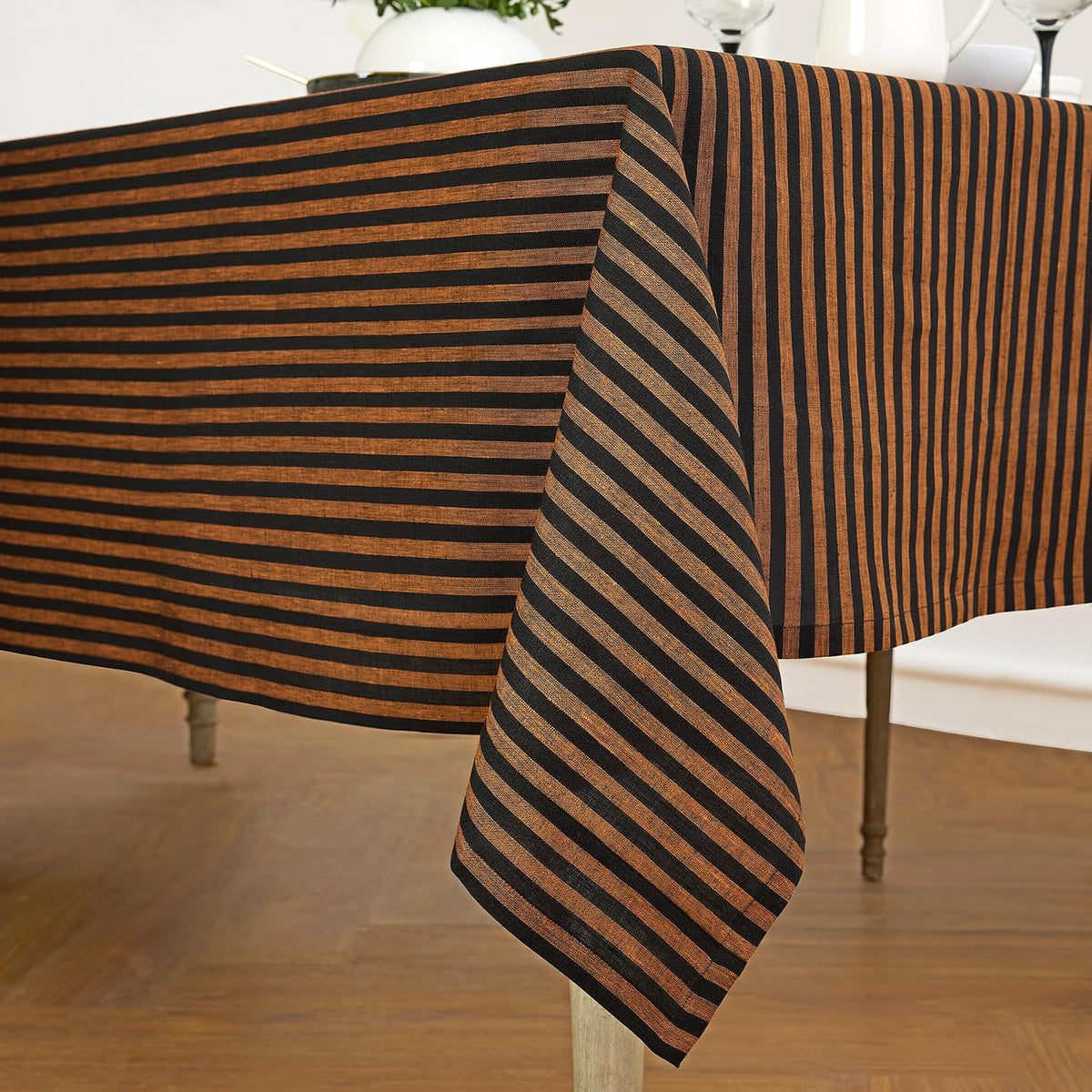 Solino Home 100% Linen Tablecloth, 60 x 90 in, Pumpkin and Black Striped