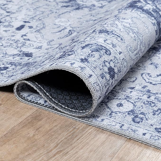 Bloom Rugs Washable Non-Slip 4' x 6' Rug - Gray/Blue Traditional Medallion Area Rug for Living Room, Bedroom, Dining Room, and Kitchen - Exact Size: 4' x 6'