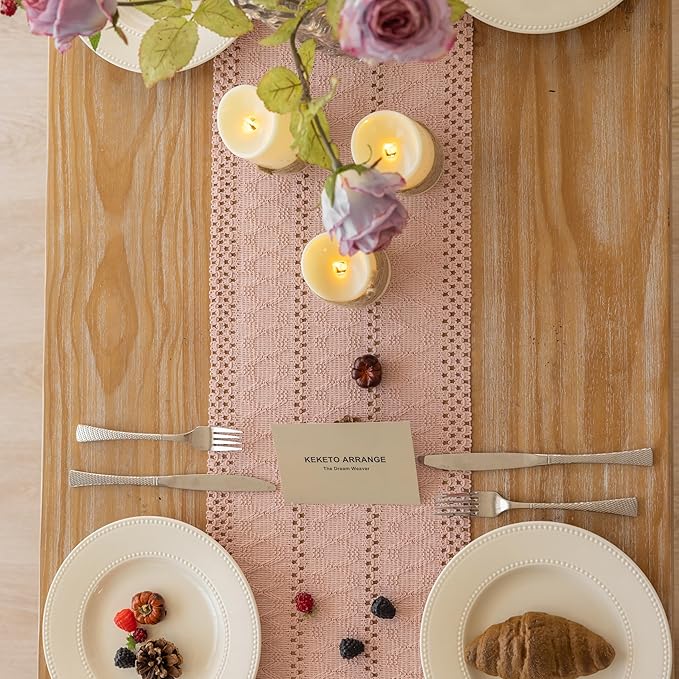 Boho Pink Table Runner for Home Decor 12x72 Inches Farmhouse Macrame Burlap Jute Rustic Dining Kitchen Centerpiece Bohemian Decor French Country Baby Bridal Shower Decorations