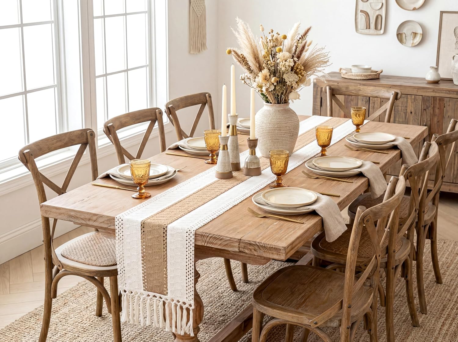 FEXIA Boho Table Runner for Home Decor with Tassels 72 Inches Farmhouse Long Pottery Barn Furniture Rustic Macrame Burlap Table Decoration for Living Room Bridal Shower (12x72 Inches)