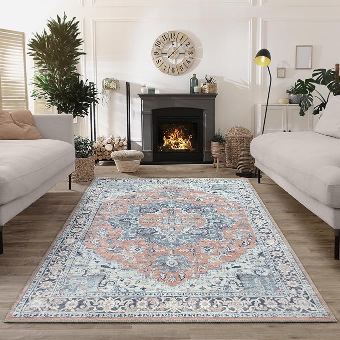 Bloom Rugs Washable Non-Slip 4' x 6' Rug - Coral/Blue Traditional Medallion Area Rug for Living Room, Bedroom, Dining Room, and Kitchen - Exact Size: 4' x 6'